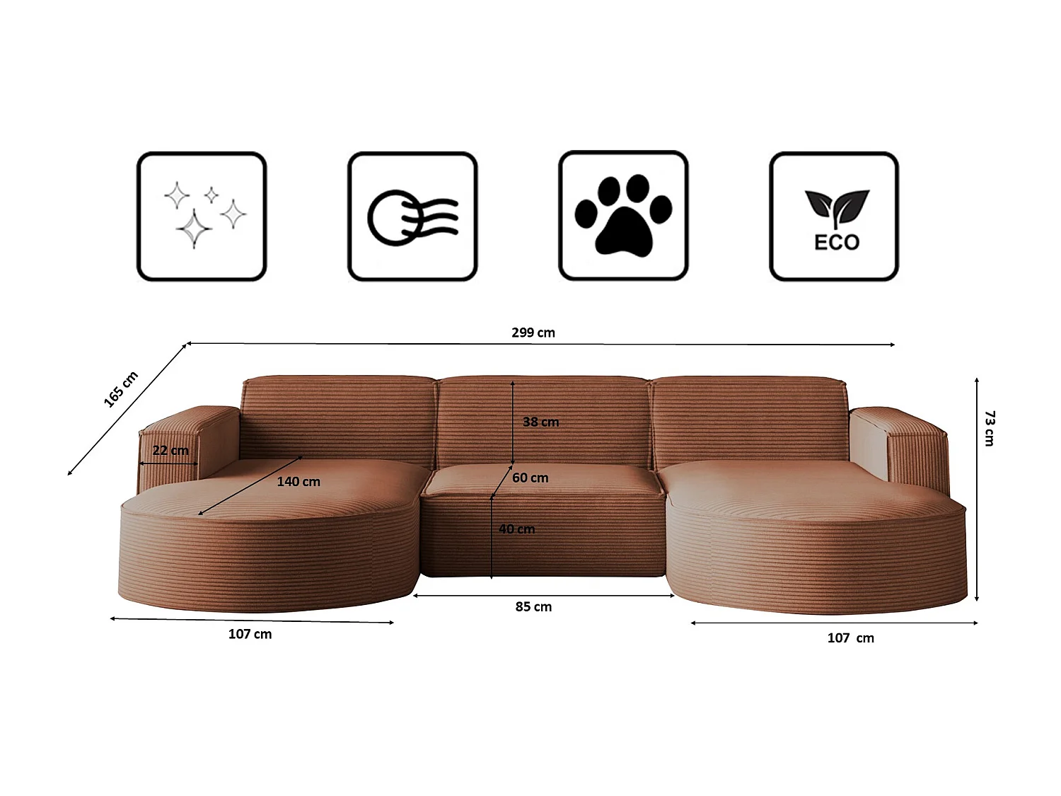 Canapé d'angle Modena en U, tissu Poso, cuivre