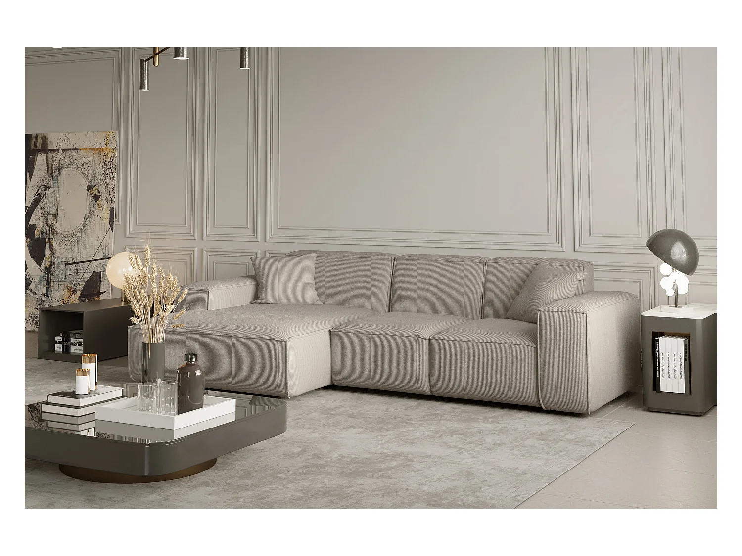Canapé d'angle PULA en L, tissu Scala, beige, gauche