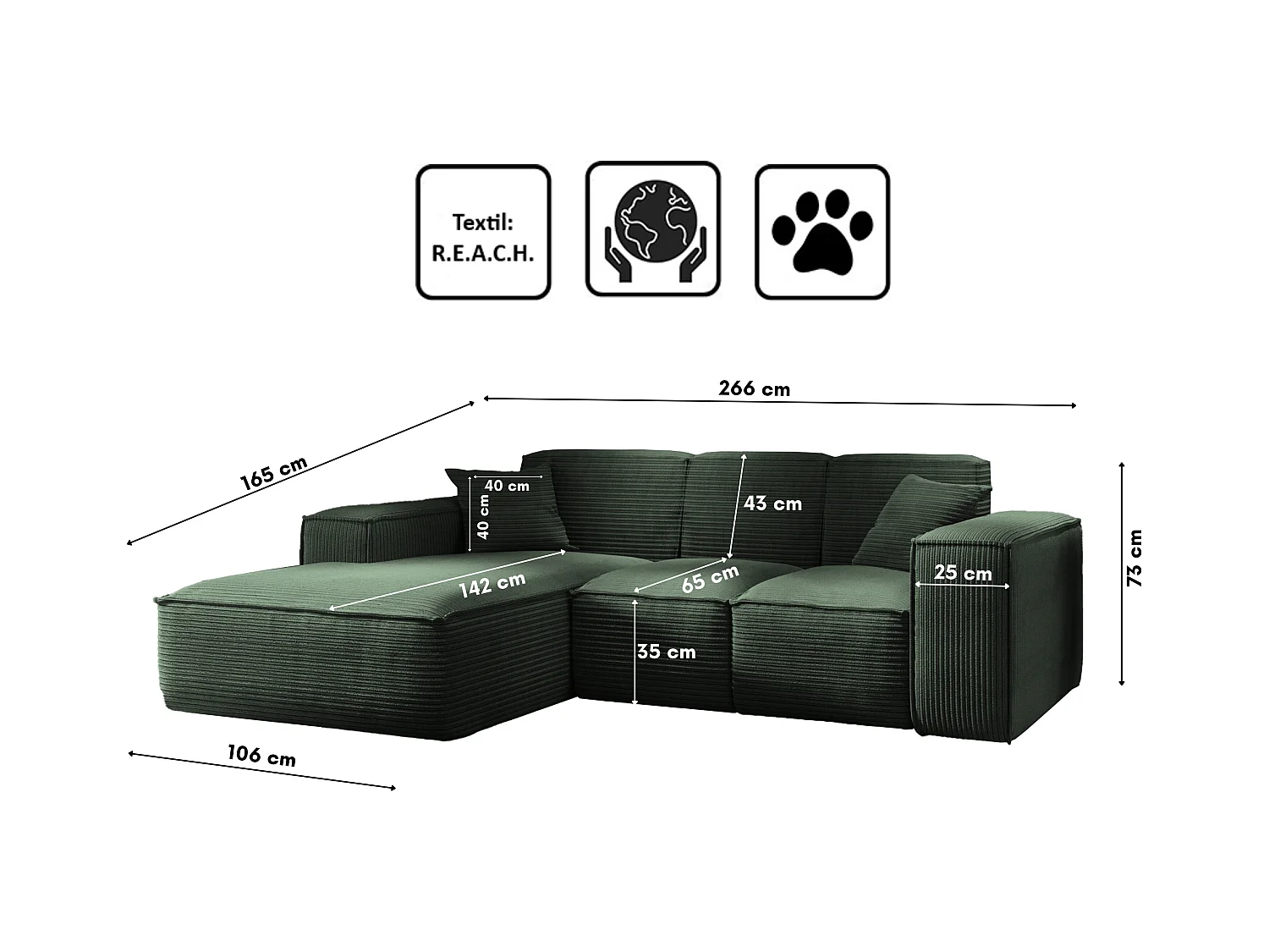 Canapé d'angle, canapé d'angle en L, salon, tissu SIENA Poso, vert, gauche