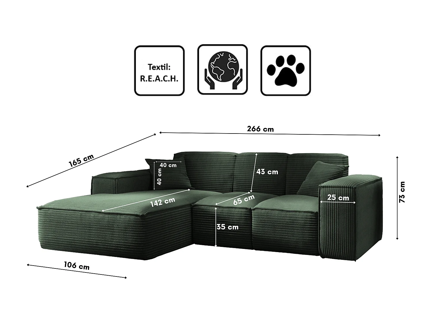 Canapé d'angle, canapé d'angle en L, salon, tissu SIENA Poso, vert, gauche
