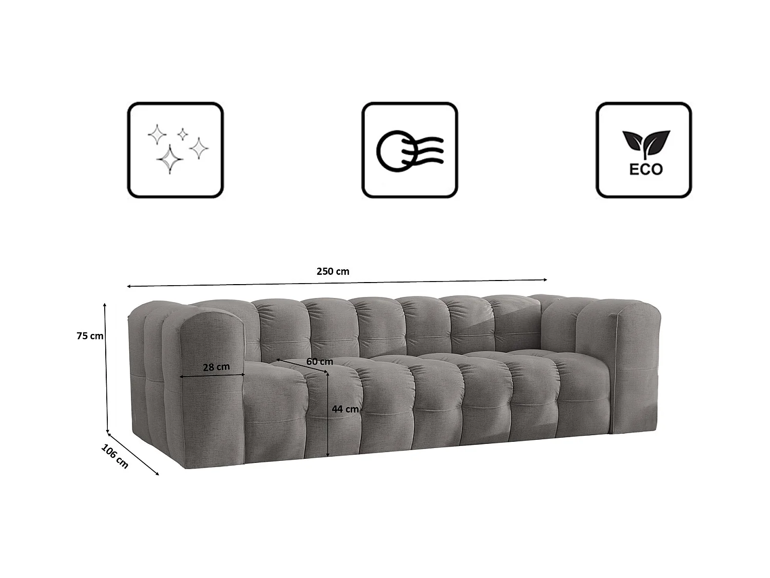 Sofa 4-Sitzer, Komfort Couch BALOO, stoff Schenille, Grau