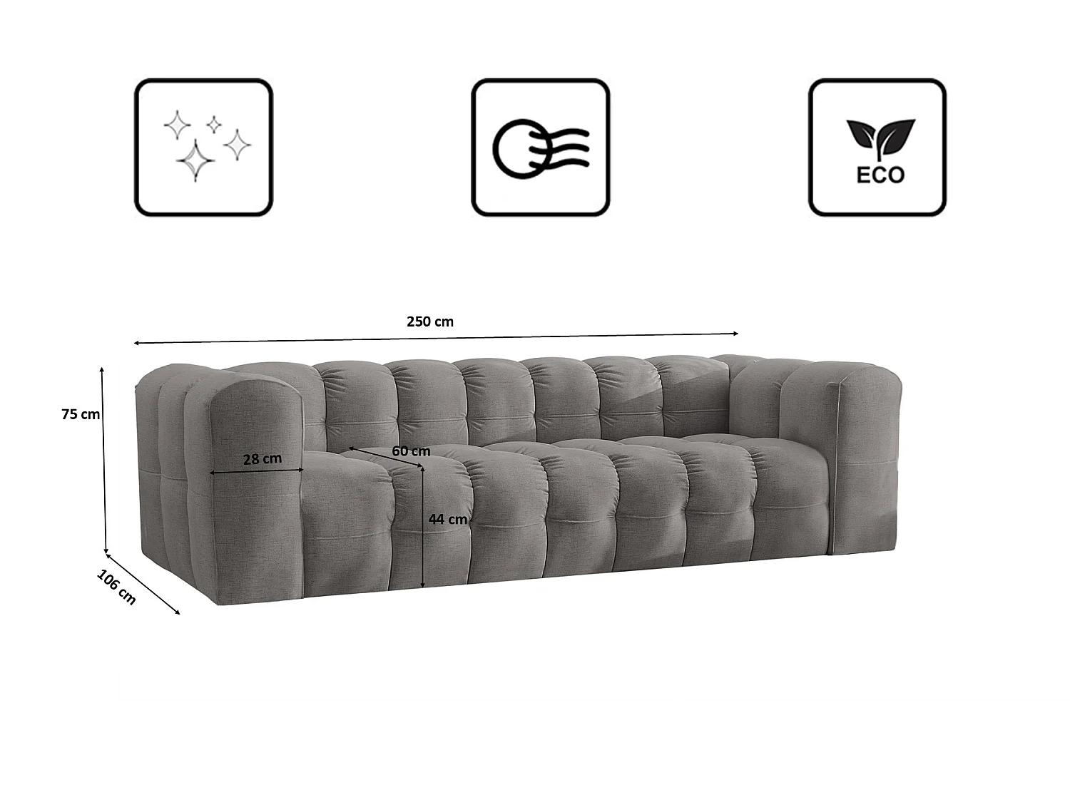 Sofa 4-Sitzer, Komfort Couch BALOO, stoff Schenille, Grau