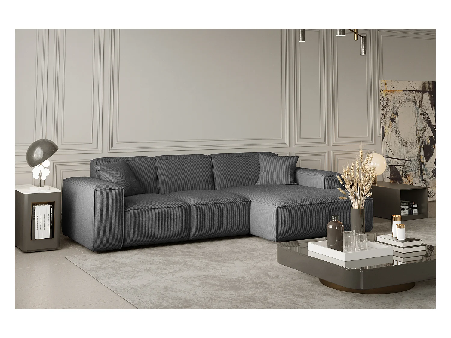 Canapé d'angle PULA en L, tissu Scala, gris, droit