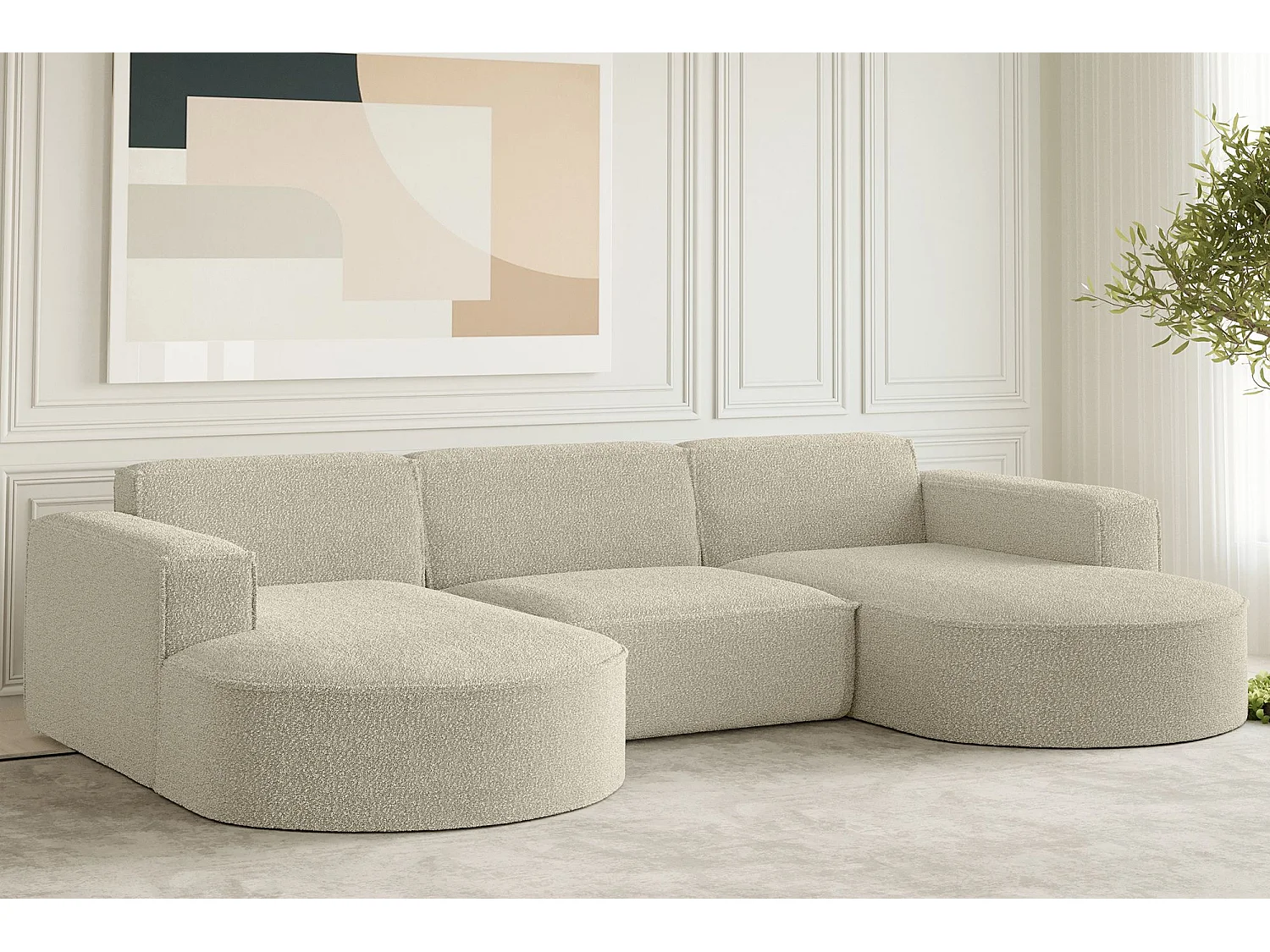 Divano angolare di design, divano a U MODENA tessuto Loop Beige