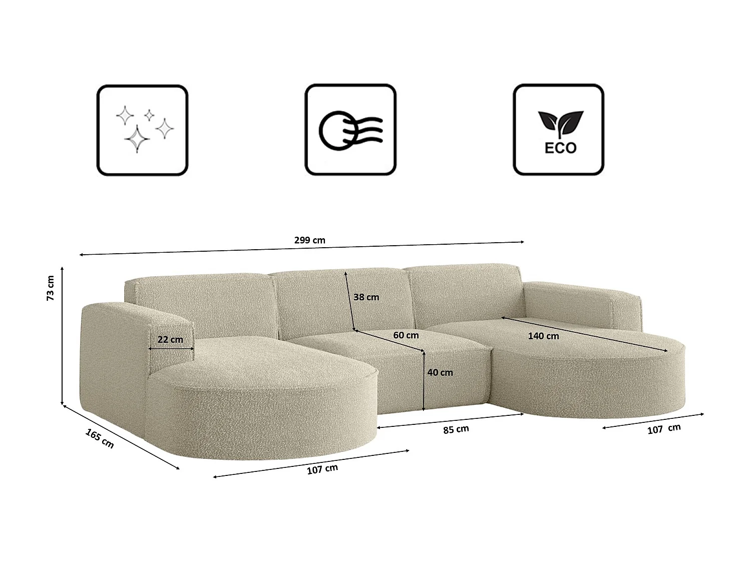 Divano angolare di design, divano a U MODENA tessuto Loop Beige