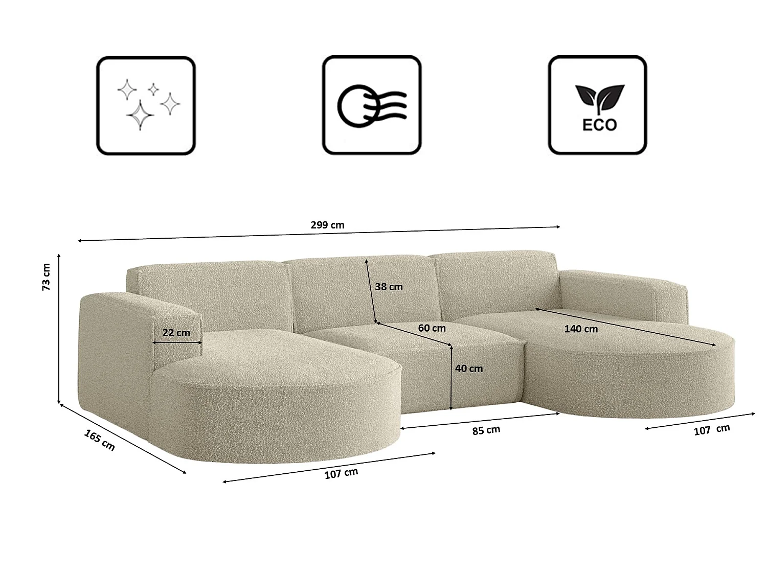 Hoekbank design, bank U-vorm MODENA stof Loop Beige
