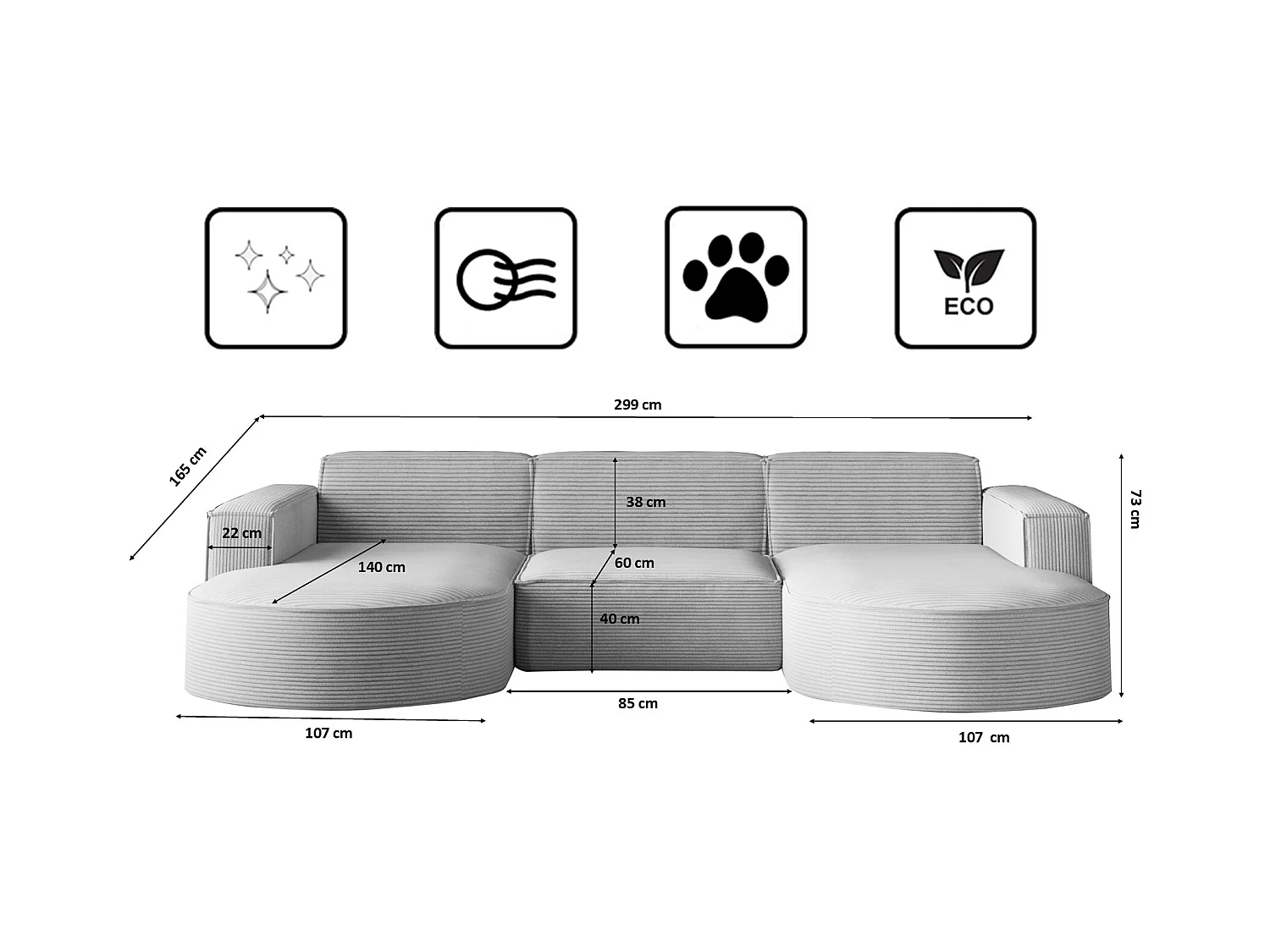 Canapé d'angle Modena en U, tissu Poso, gris clair