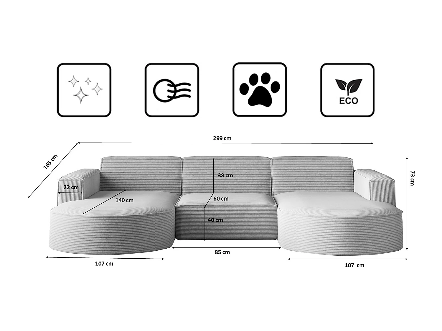 Ecksofa, Modena U-Form, Stoff Poso, Hellgrau