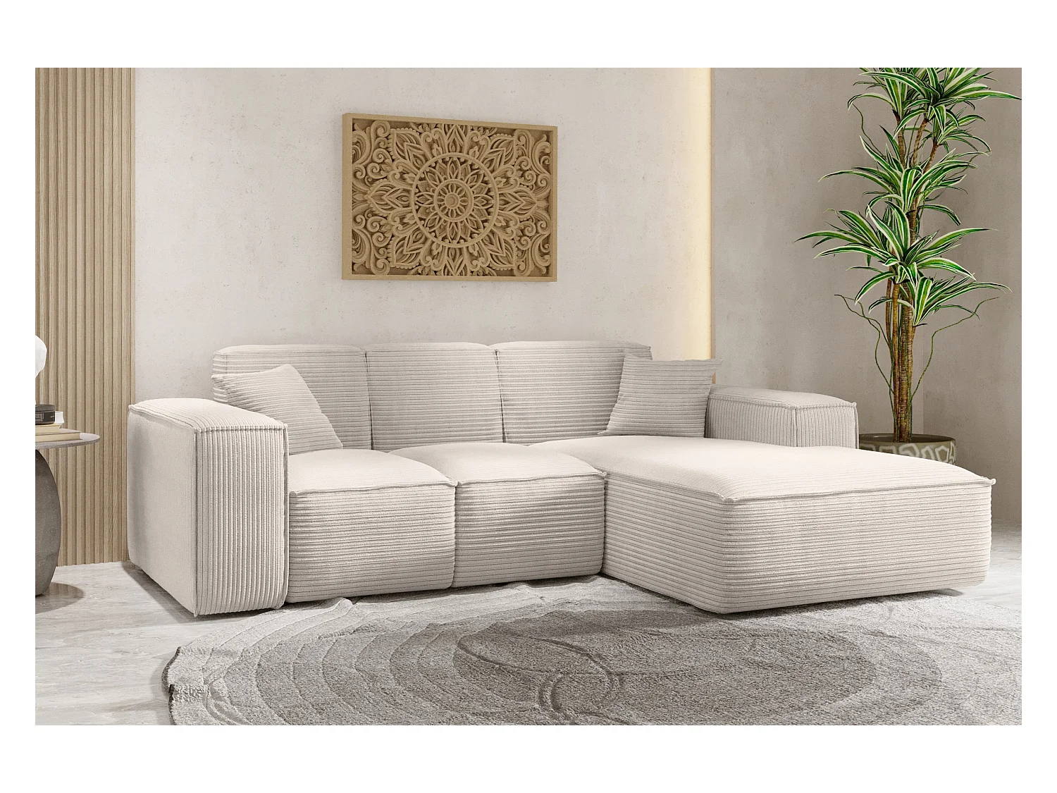 Hoekbank, L-vormige hoekbank, woonkamer, SIENA stof Poso bank, beige, rechts