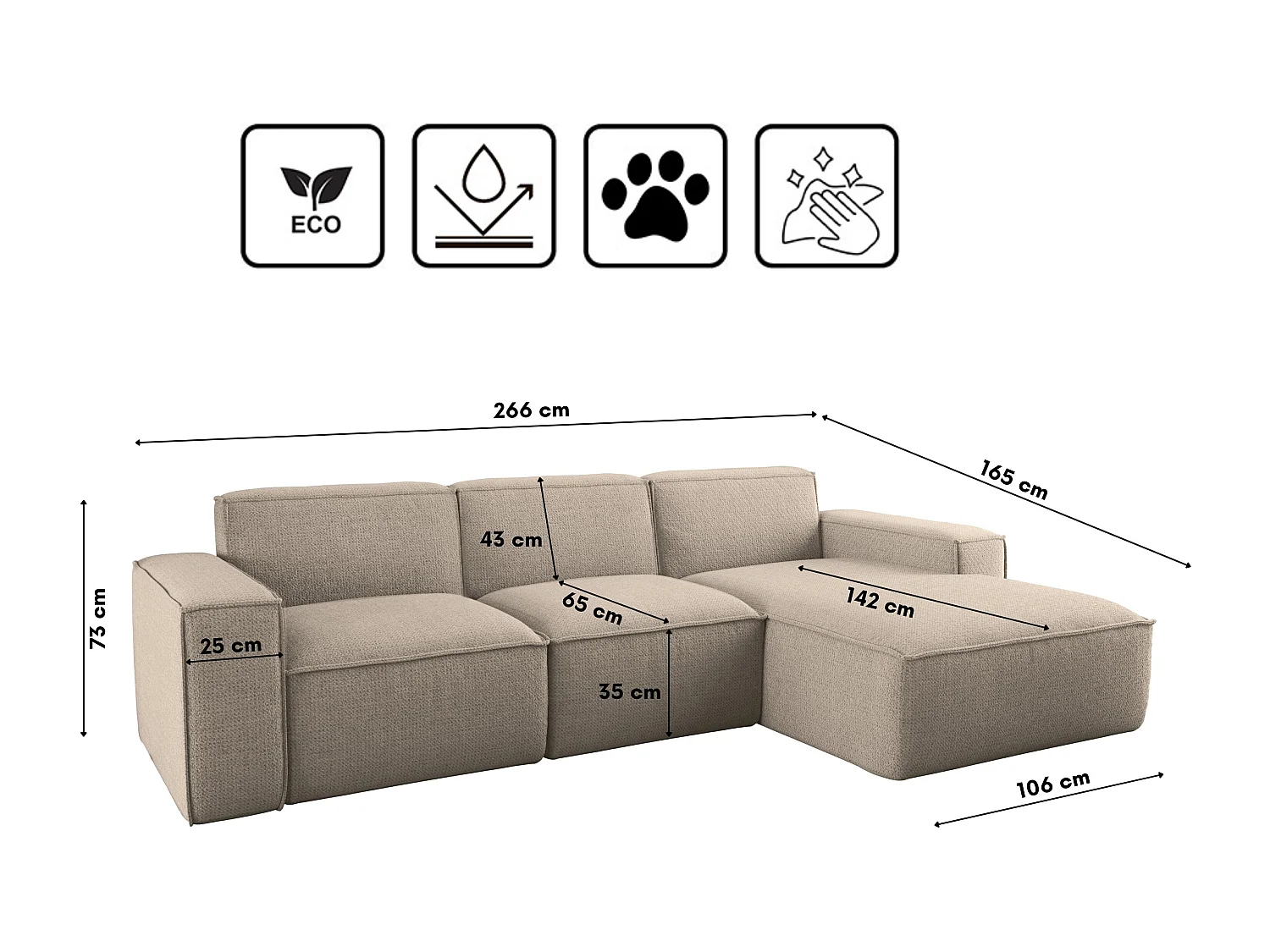 Canapé d'angle forme L Siena tissu Artico Beige droite