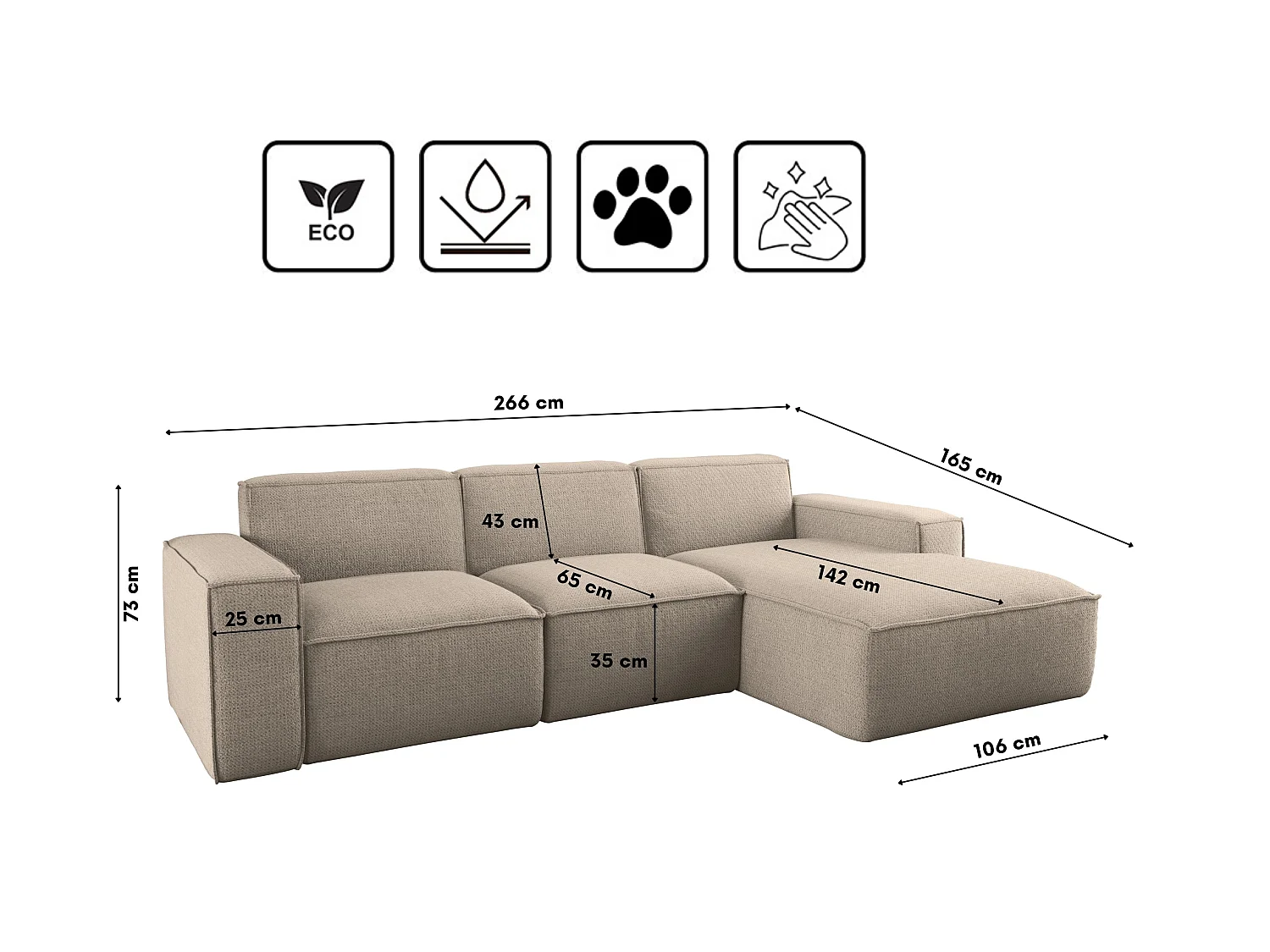 Canapé d'angle forme L Siena tissu Artico Beige droite