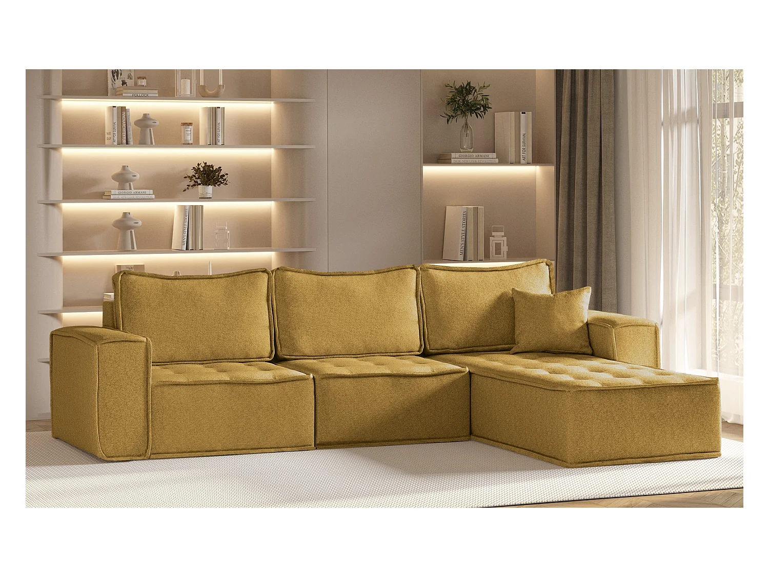 Canapé d'angle Bohoo Maxi L-from, tissu Raven, jaune, droit