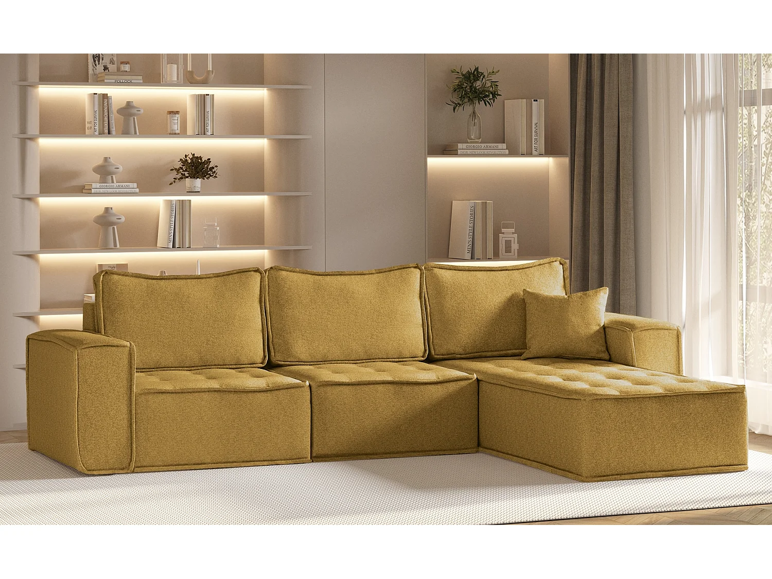 Canapé d'angle Bohoo Maxi L-from, tissu Raven, jaune, droit