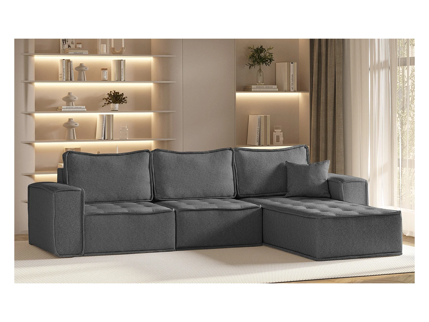 Canapé d'angle Bohoo Maxi L-from, tissu Raven, gris foncé, droit