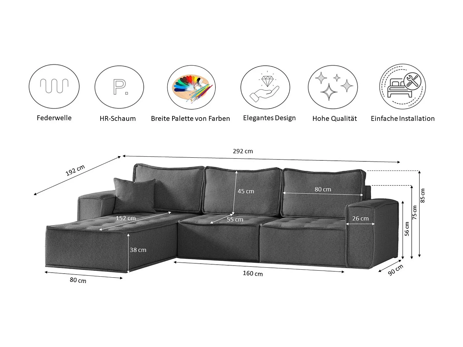 Canapé d'angle Bohoo Maxi L-from, tissu Raven, gris foncé, droit