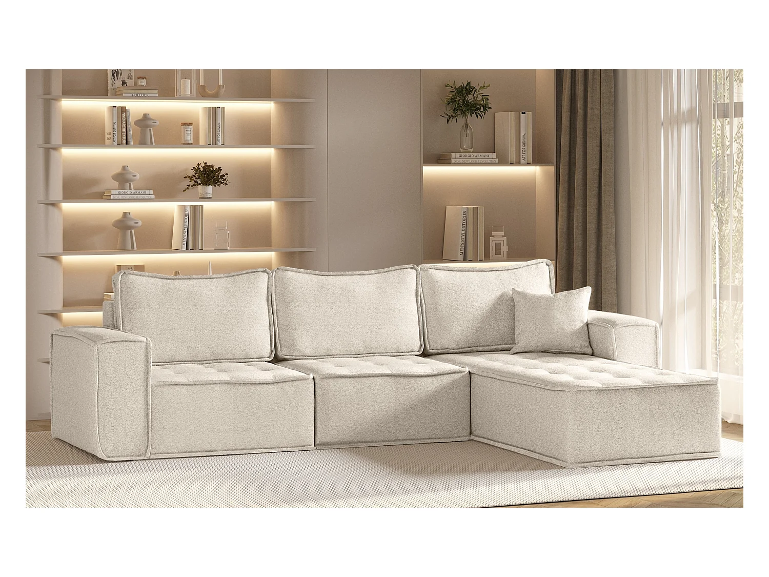 Canapé d'angle Bohoo Maxi L-from, tissu Raven, beige clair, droit