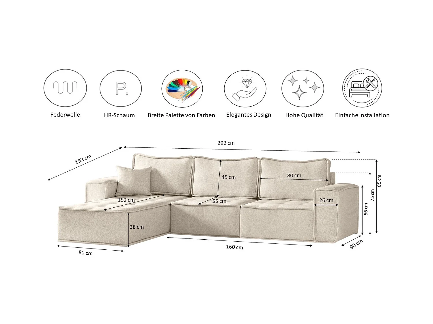 Canapé d'angle Bohoo Maxi L-from, tissu Raven, beige clair, droit