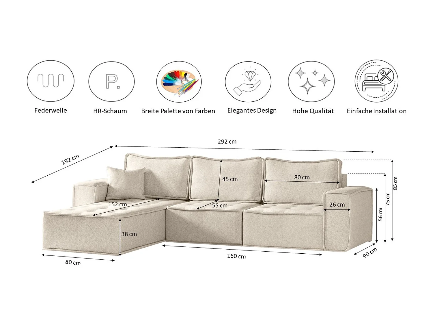 Canapé d'angle Bohoo Maxi L-from, tissu Raven, beige clair, droit