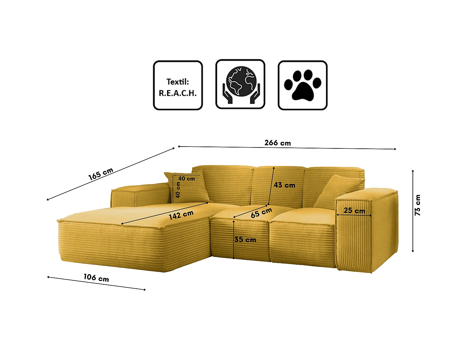 Canapé d'angle, canapé d'angle en L, salon, canapé SIENA en tissu Poso, jaune, gauche