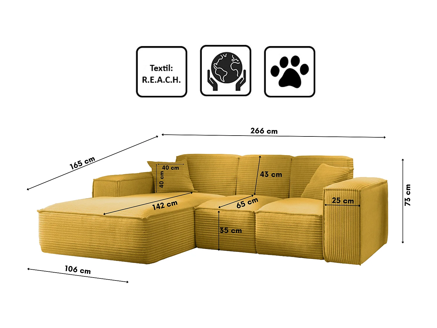 Canapé d'angle, canapé d'angle en L, salon, canapé SIENA en tissu Poso, jaune, gauche