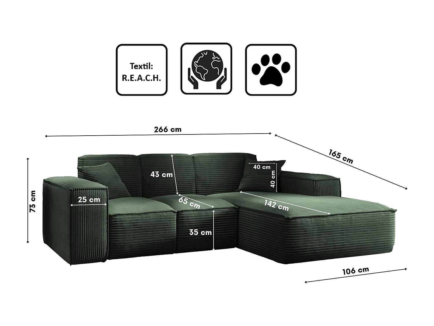 Canapé d'angle, canapé d'angle en L, salon, tissu SIENA, canapé Poso, vert, droite