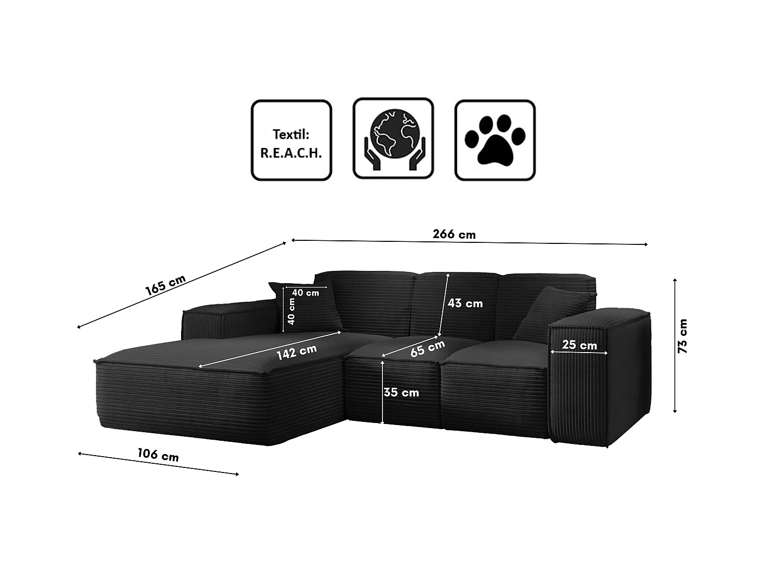 Canapé d'angle, canapé d'angle en L, salon, tissu SIENA Poso, noir, gauche