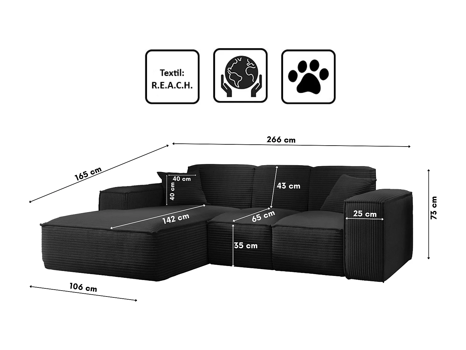 Canapé d'angle, canapé d'angle en L, salon, tissu SIENA Poso, noir, gauche