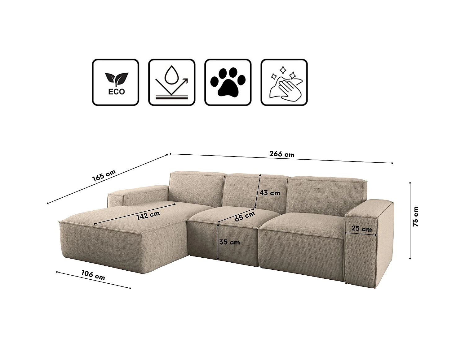 Canapé d'angle forme L Siena tissu Artico Beige Gauche