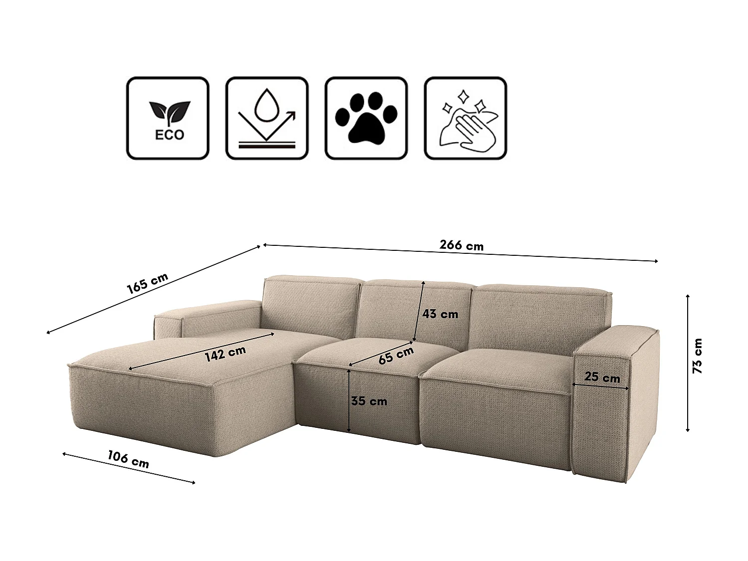 Canapé d'angle forme L Siena tissu Artico Beige Gauche