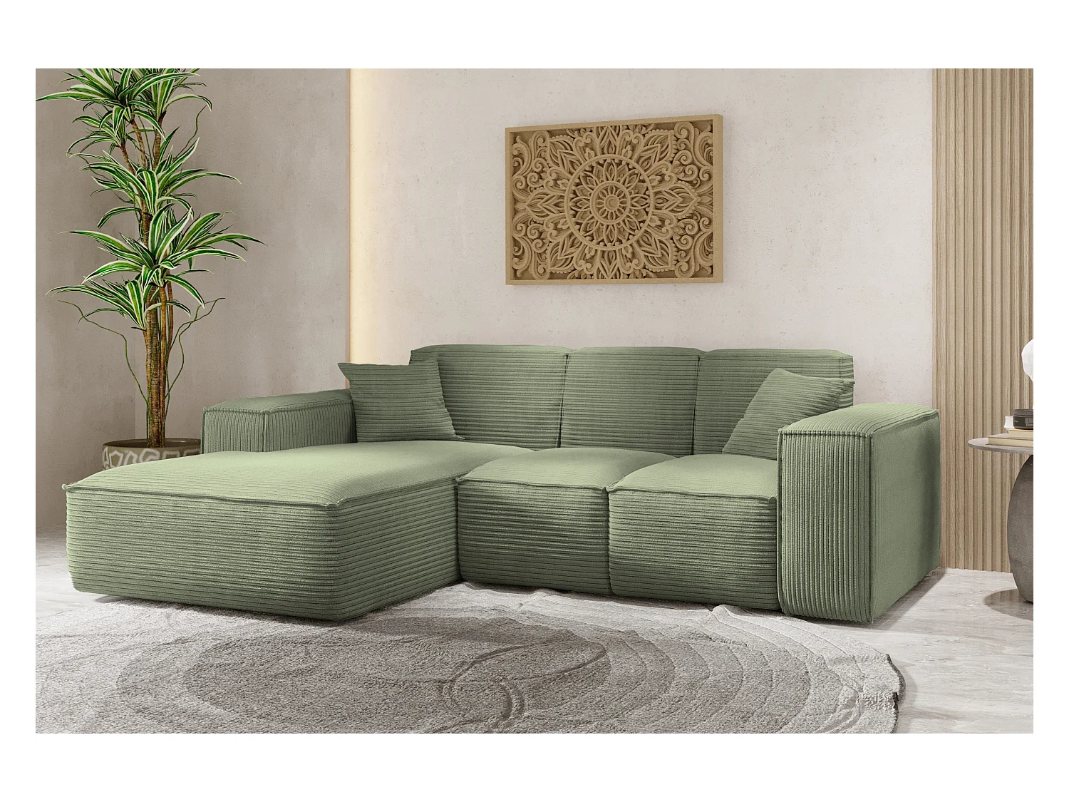 Canapé d'angle, canapé d'angle en L, salon, tissu SIENA, canapé Poso, vert clair, gauche