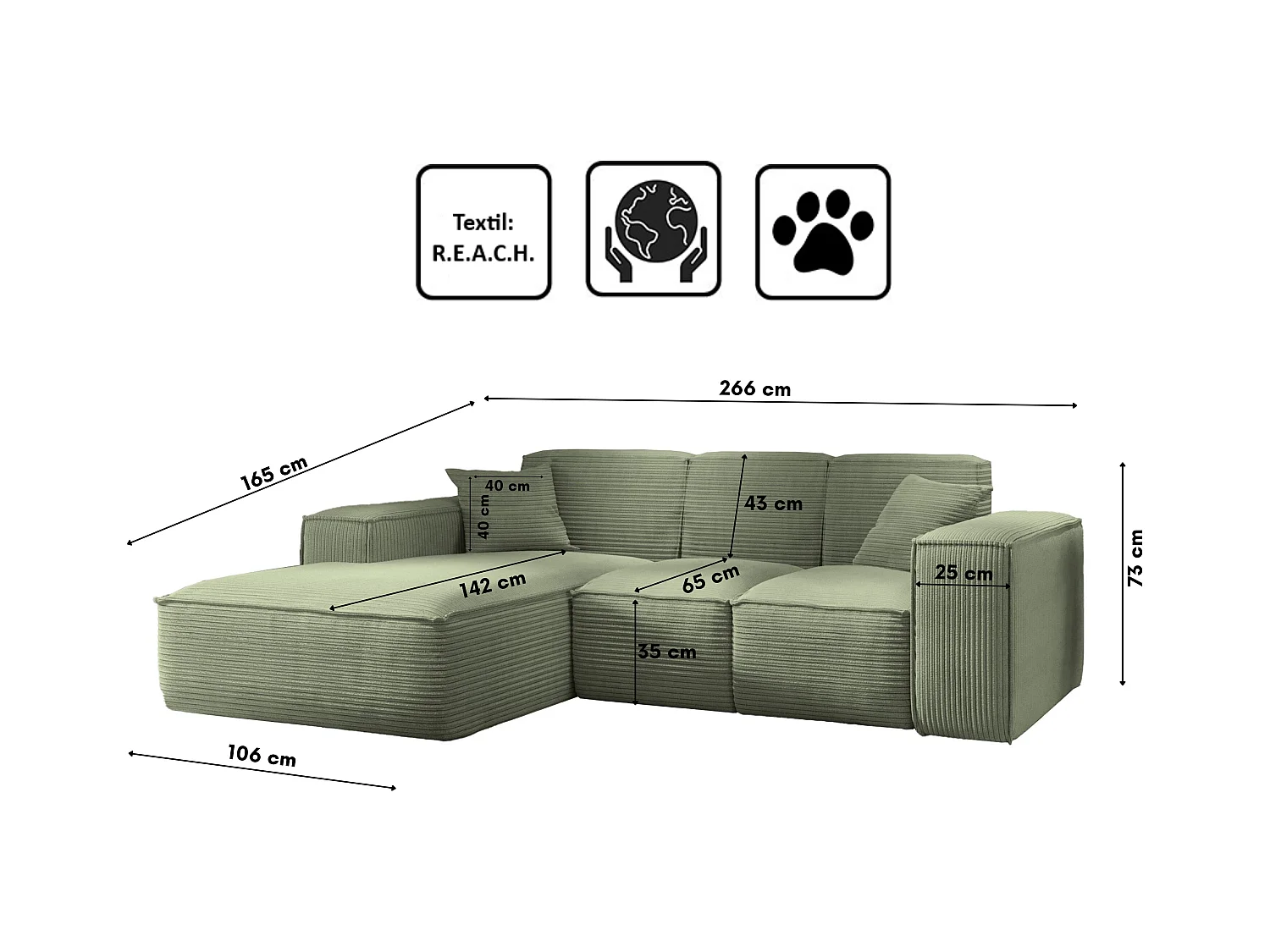 Canapé d'angle, canapé d'angle en L, salon, tissu SIENA, canapé Poso, vert clair, gauche