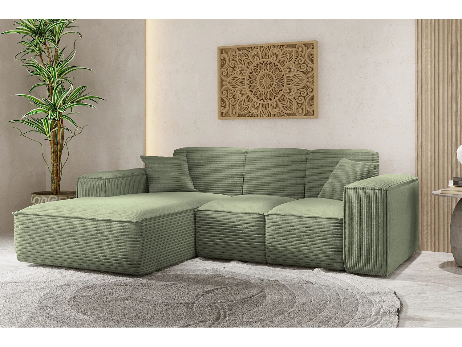 Canapé d'angle, canapé d'angle en L, salon, tissu SIENA, canapé Poso, vert clair, gauche