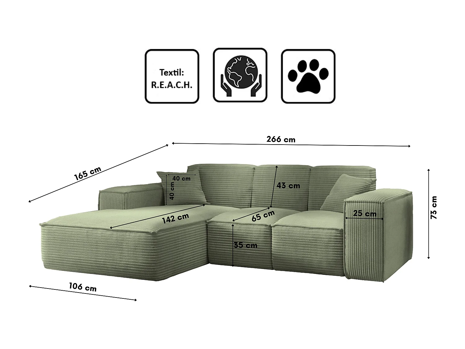 Canapé d'angle, canapé d'angle en L, salon, tissu SIENA, canapé Poso, vert clair, gauche