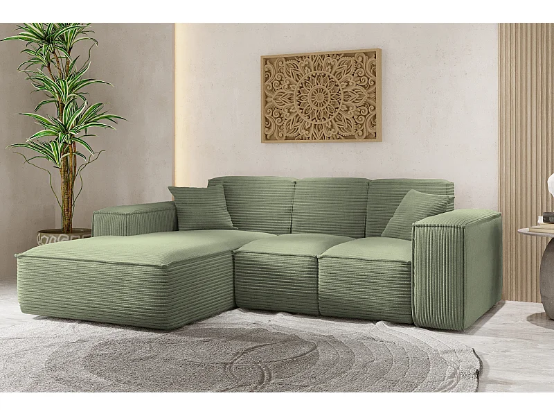 Canapé d'angle, canapé d'angle en L, salon, tissu SIENA, canapé Poso, vert clair, gauche