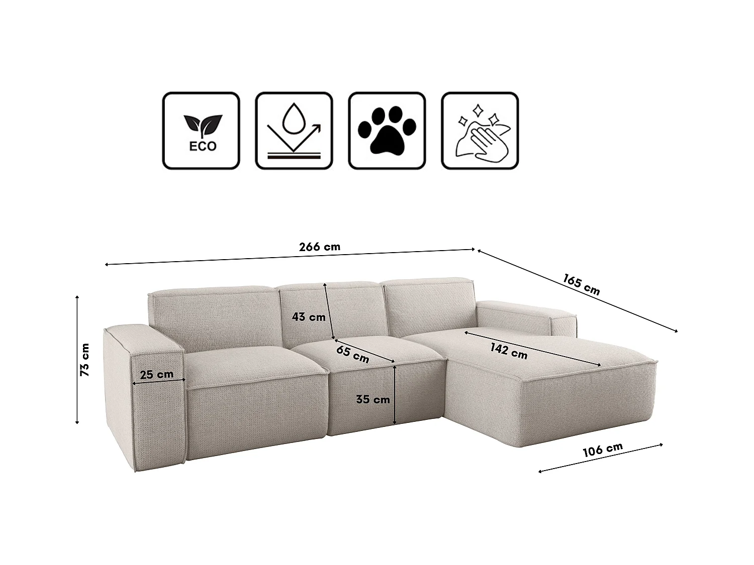 Canapé d'angle en forme de L Siena tissu Artico Nata droite