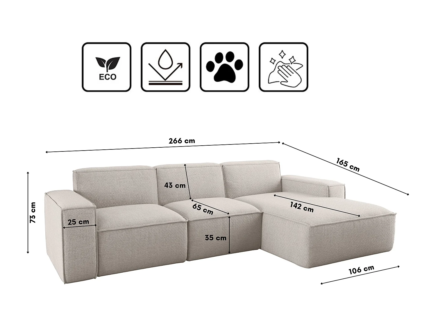 Canapé d'angle en forme de L Siena tissu Artico Nata droite