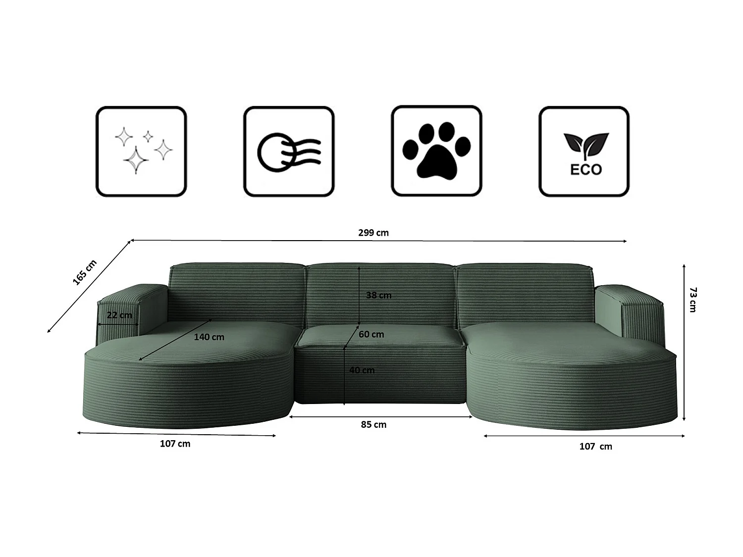 Canapé d'angle Modena en U, tissu Poso, vert