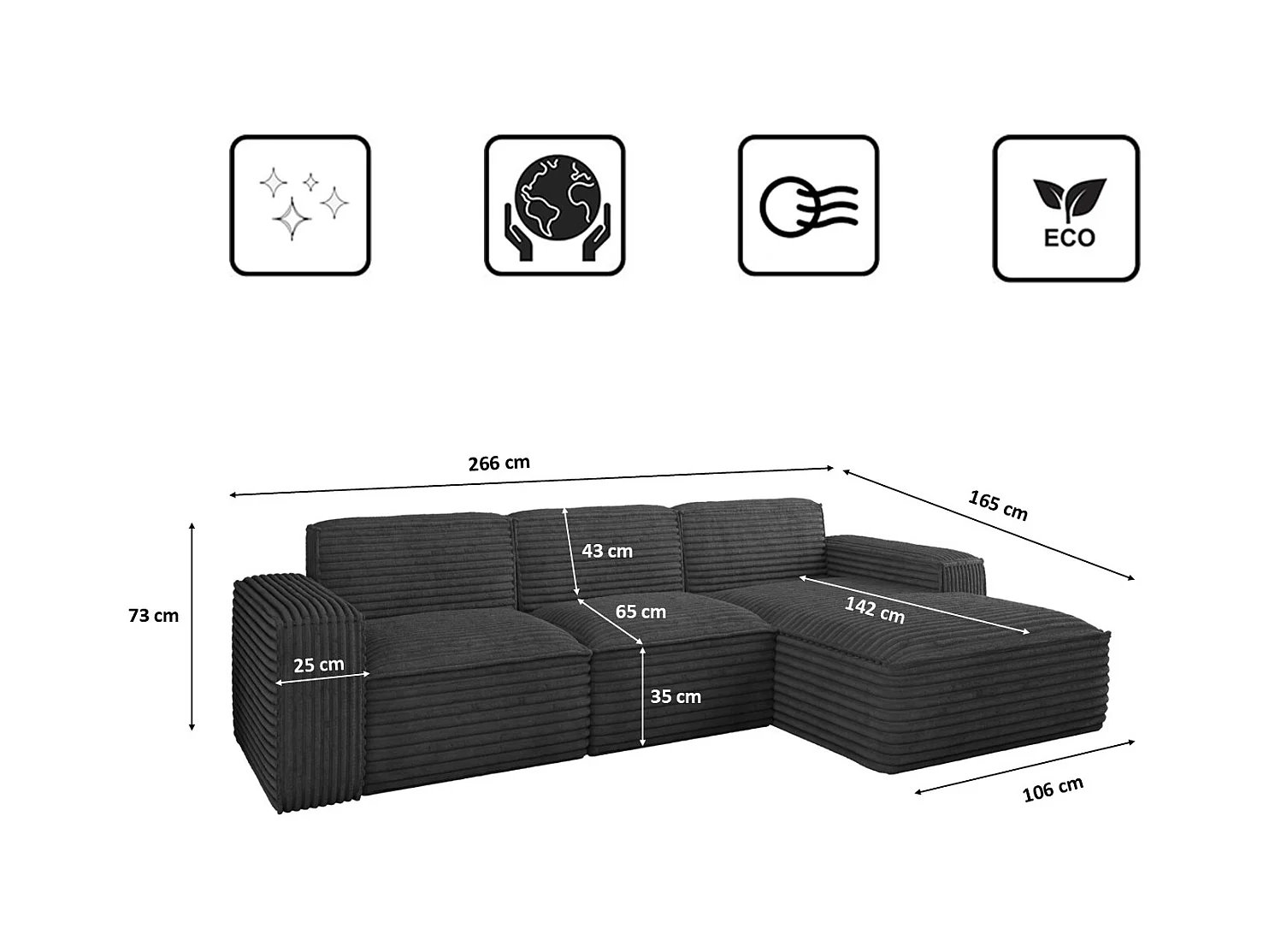 Ecksofa L-Form Siena Stoff Velo Graphit Rechts