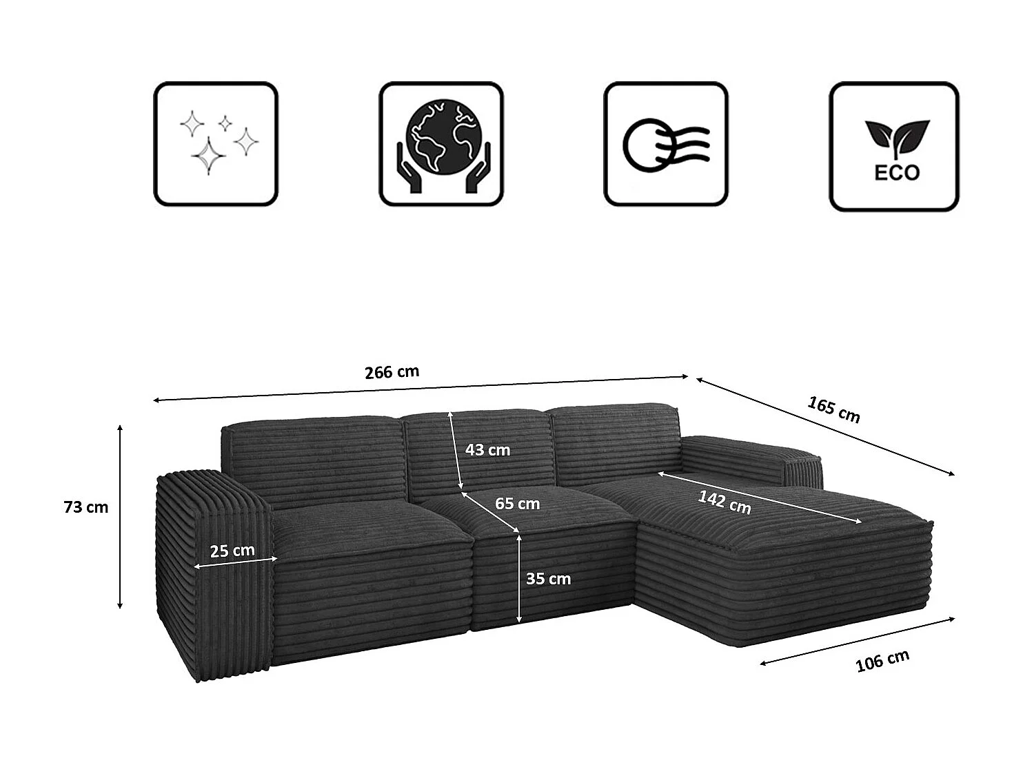 Ecksofa L-Form Siena Stoff Velo Graphit Rechts