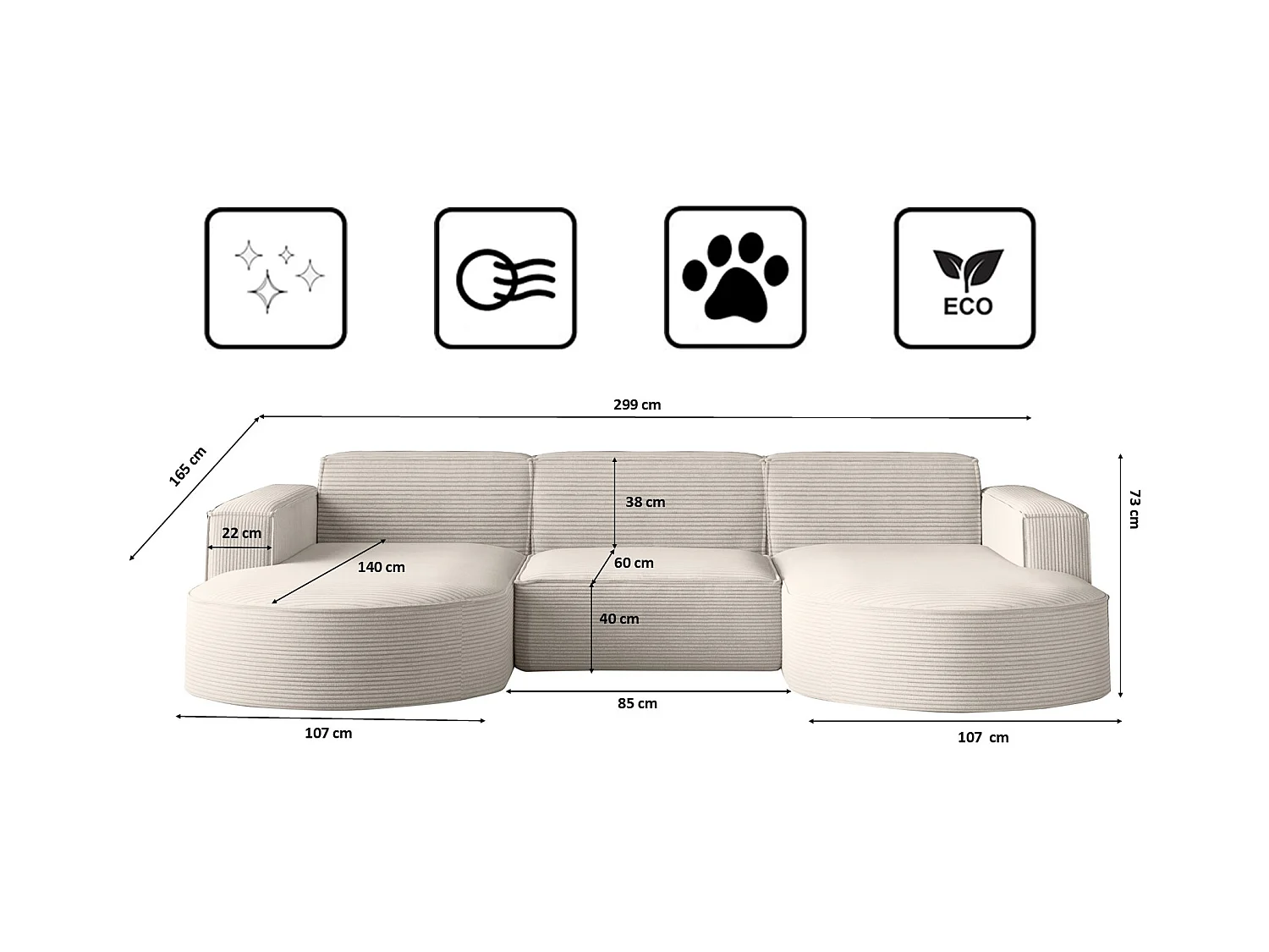 Canapé d'angle Modena en U, tissu Poso, écru