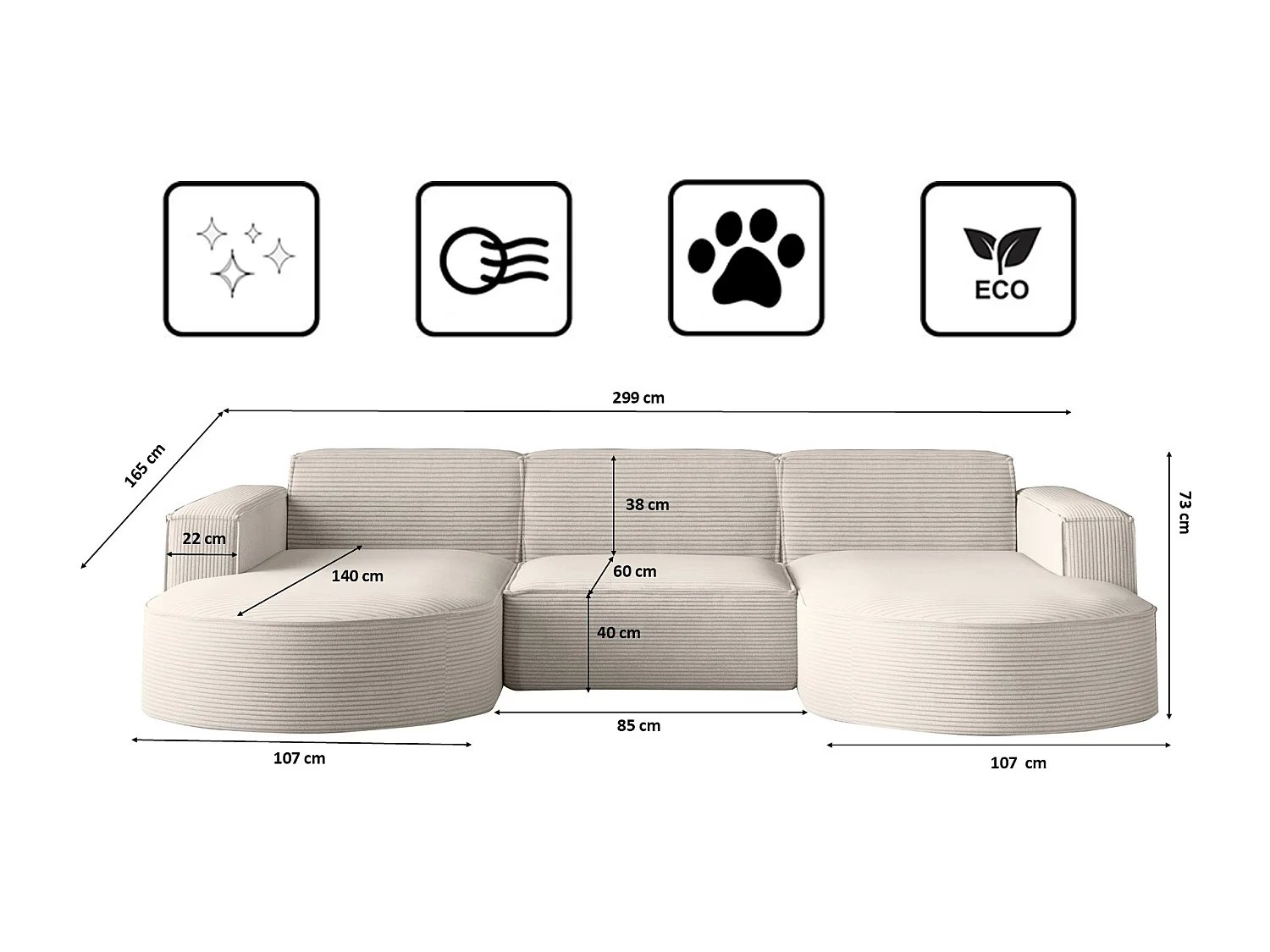 Canapé d'angle Modena en U, tissu Poso, écru