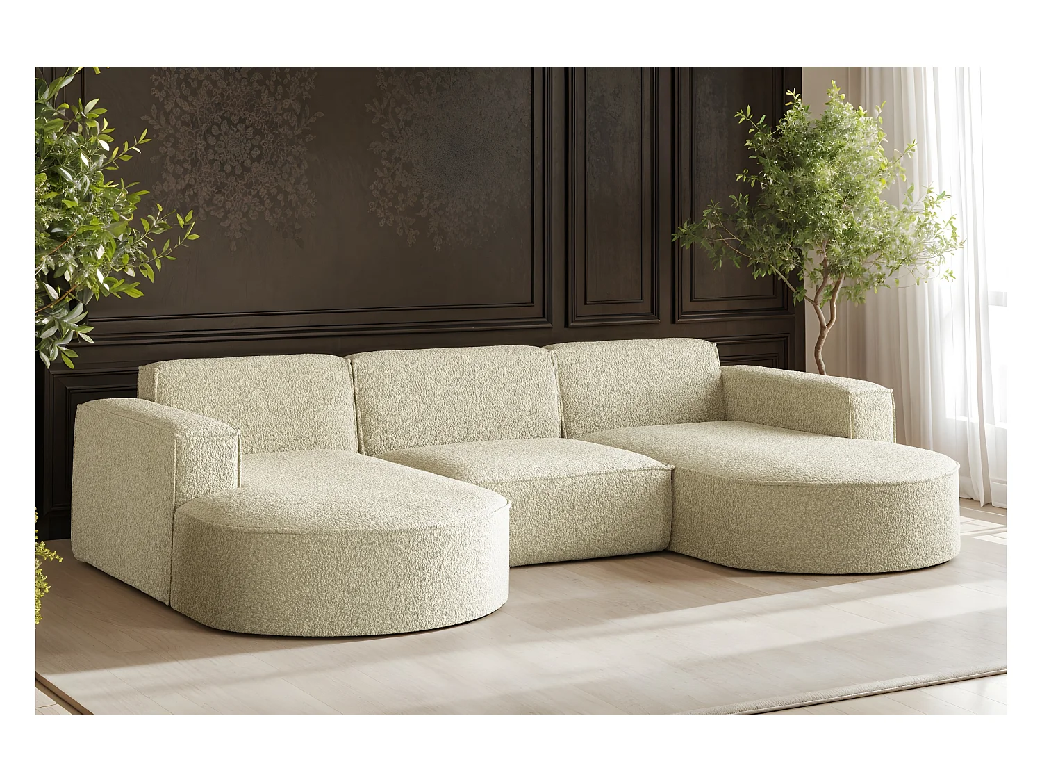 Canapé d'angle, forme U Modena, tissu Quelle, beige