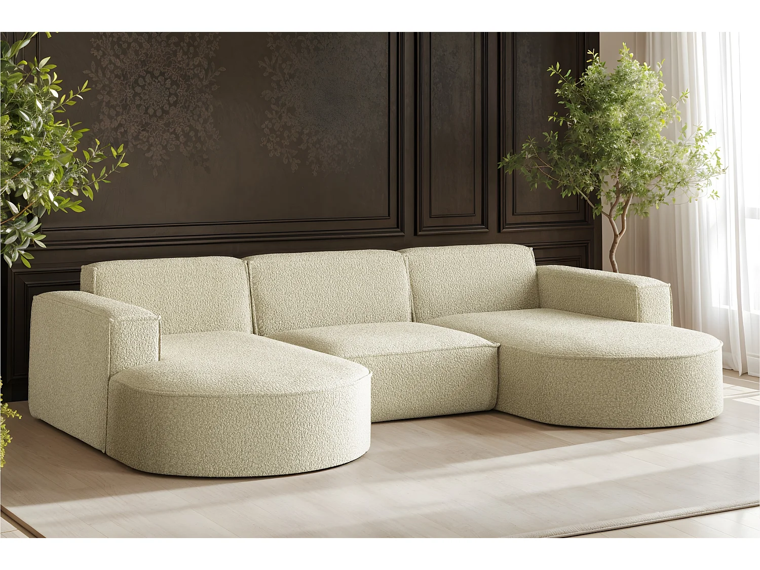 Canapé d'angle, forme U Modena, tissu Quelle, beige