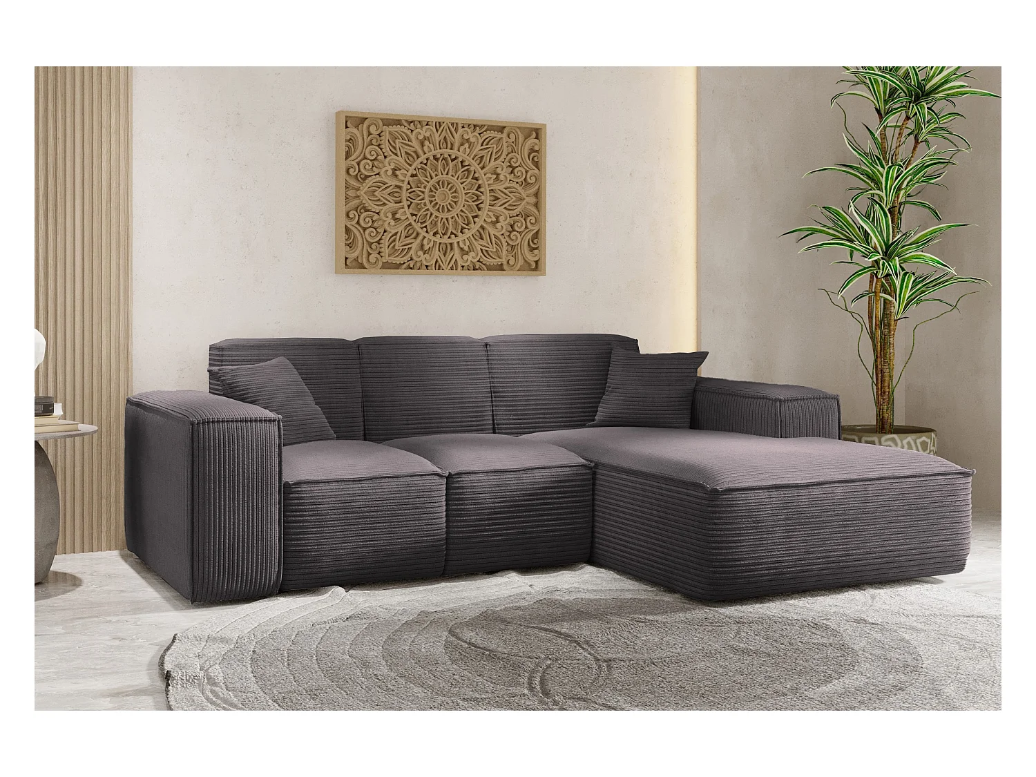 Canapé d'angle, canapé d'angle en L, salon, tissu SIENA, canapé Poso, gris foncé, droite