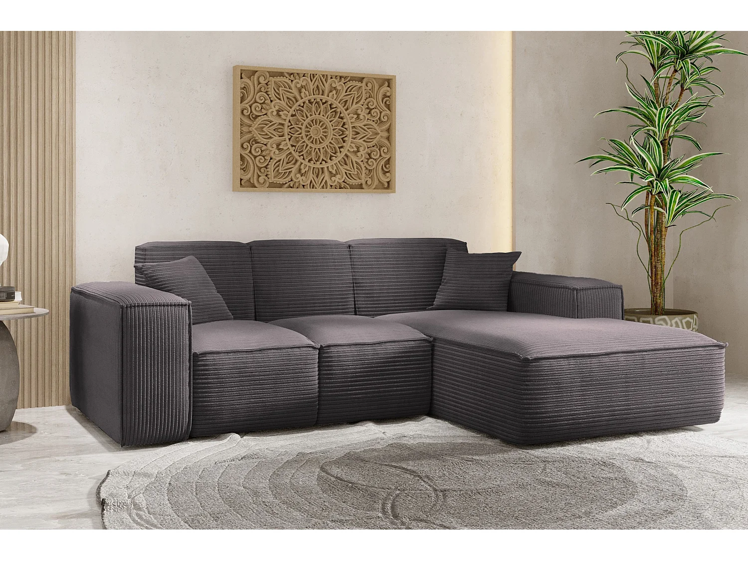 Canapé d'angle, canapé d'angle en L, salon, tissu SIENA, canapé Poso, gris foncé, droite