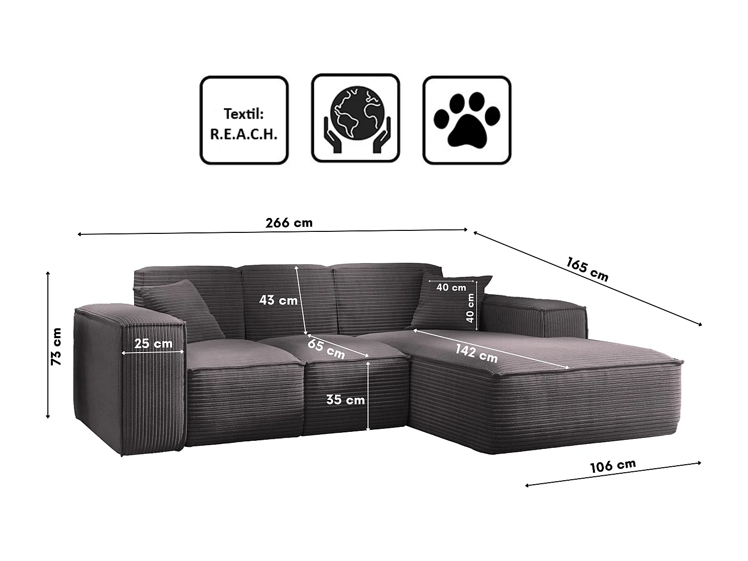 Canapé d'angle, canapé d'angle en L, salon, tissu SIENA, canapé Poso, gris foncé, droite
