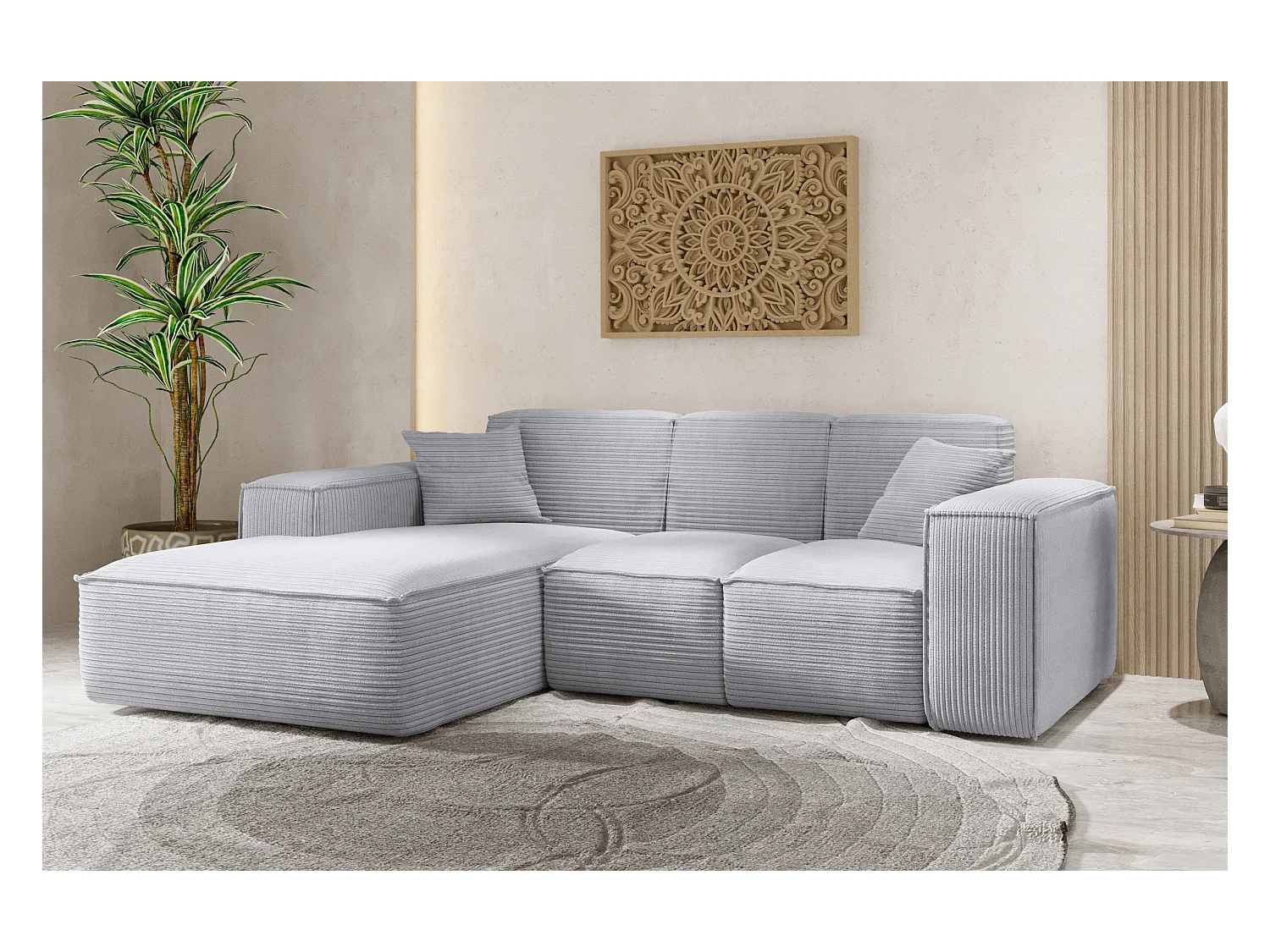 Canapé d'angle, canapé d'angle en L, salon, tissu SIENA Poso, gris clair, gauche