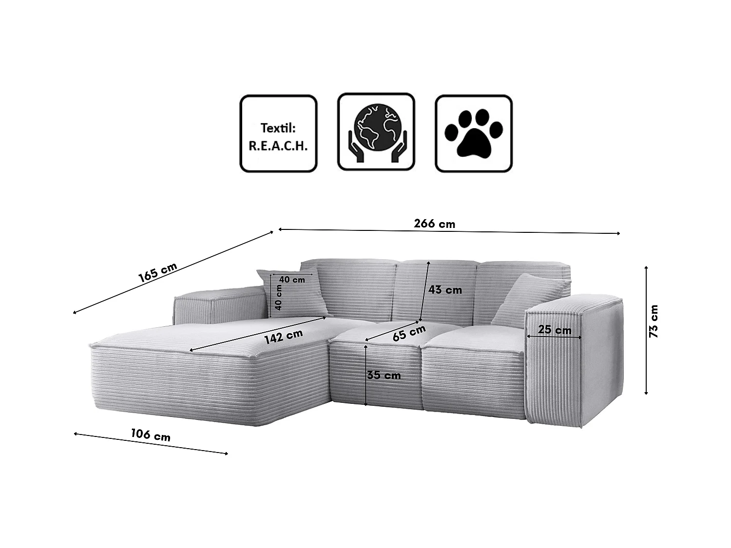 Canapé d'angle, canapé d'angle en L, salon, tissu SIENA Poso, gris clair, gauche