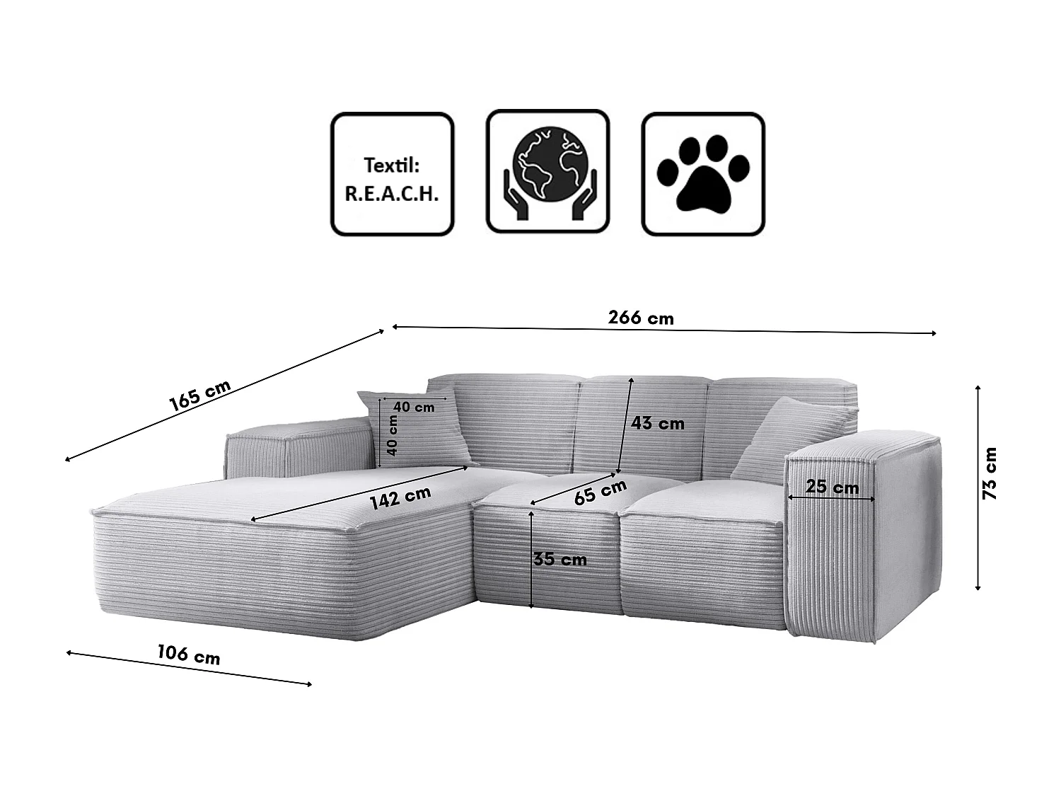 Canapé d'angle, canapé d'angle en L, salon, tissu SIENA Poso, gris clair, gauche