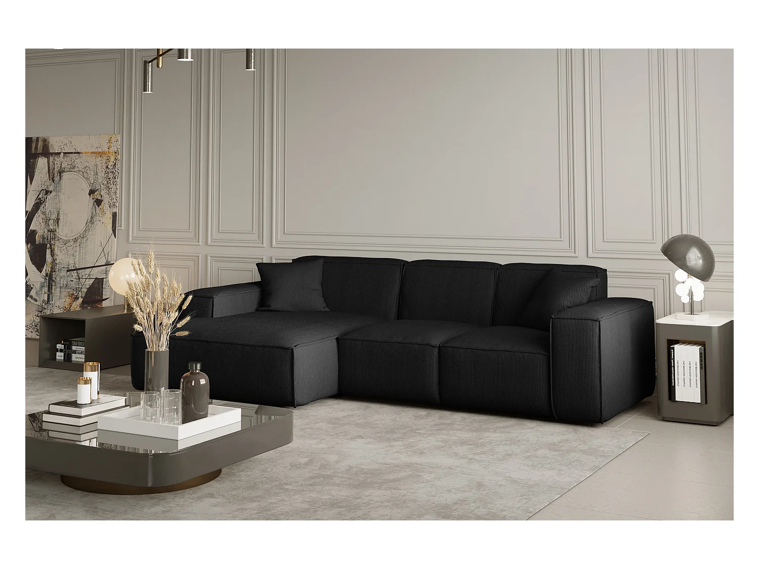 Canapé d'angle PULA en L, tissu Scala, noir, gauche